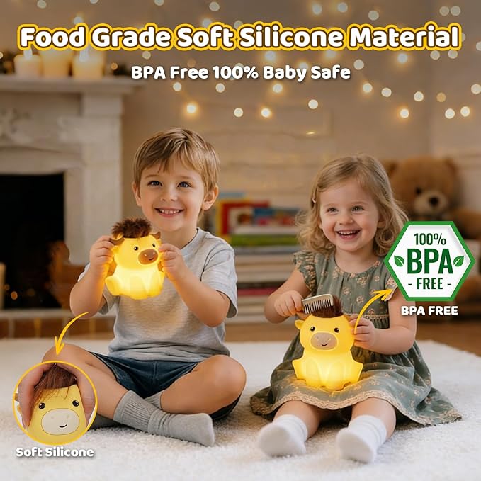 Amaredom Highland Cow Night Light, Cute Silicone Cow Lamp, Dimmable Rechargeable LED Bedside Lamp with 20 Minutes Timer & Tap Control for Nursery, Baby Girls, Women, Bedrooms, Living Room