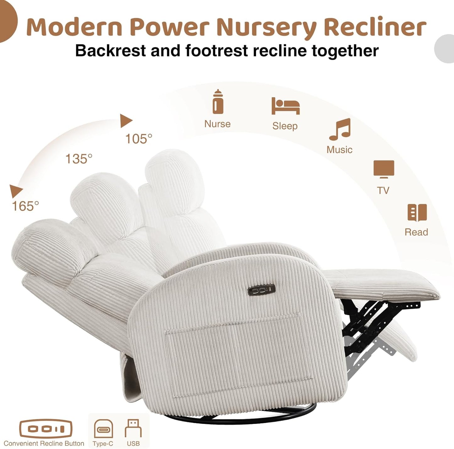 Nursery Glider Recliner, Power Swivel Rocking Recliner with USB & Type-C Port, Swivel Nursering Reclining Rocker with Double Pockets for Living Room, Camel Chenille