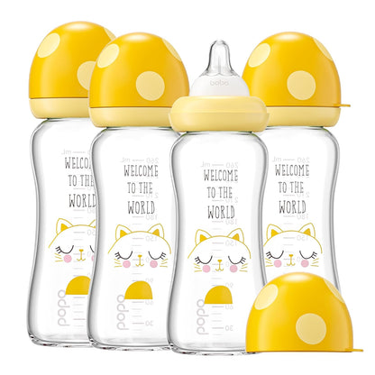 YOHKOH Natural Glass Baby Bottle with Level 1 Slow Flow Nipple, Newborn Anti-Colic Baby Bottles, Wide Neck Mushroom Baby Glass Bottle (Multicolour-A, 3.4oz (Pack of 4))