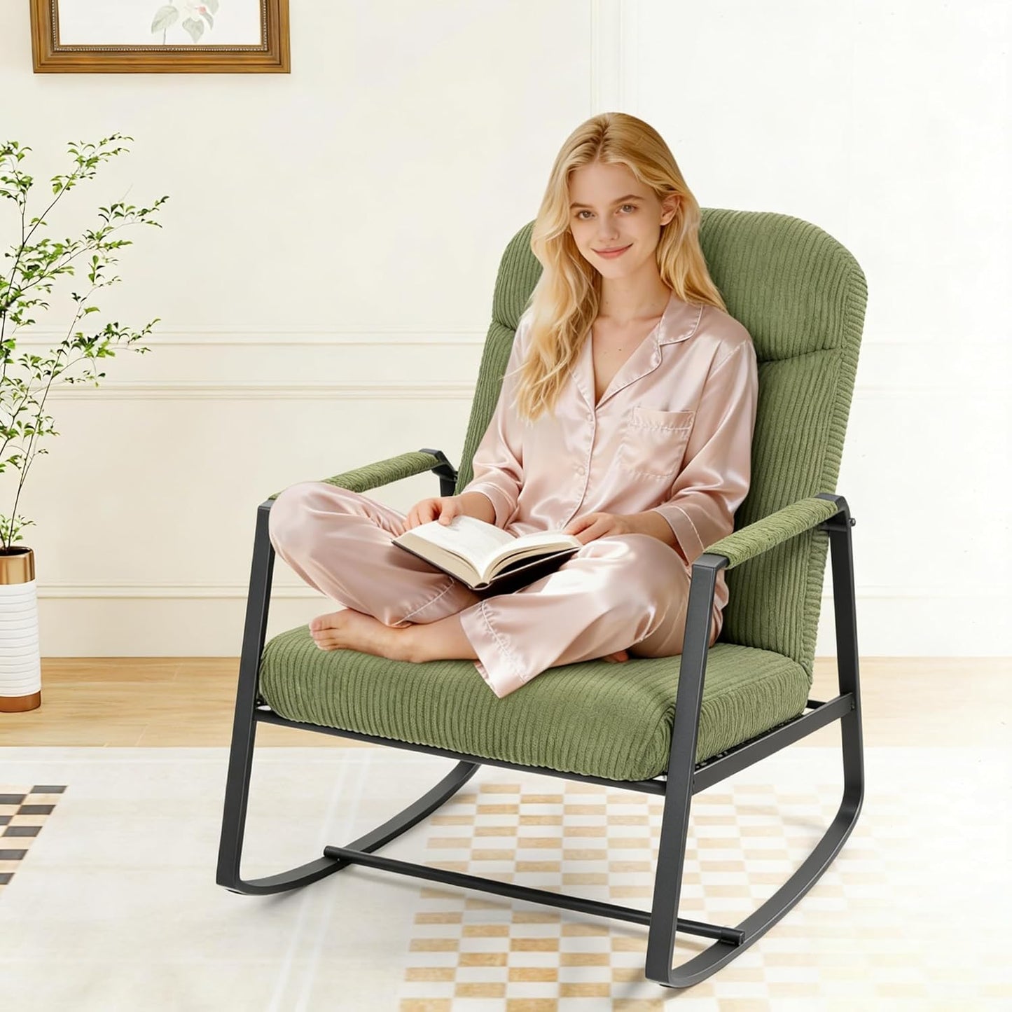 HOMEFUN Nursery Rocking Chair,Patio Rocking Chair,Upholstered Glider Rocker with Padded Seat and High Backrest Safe and Comfy Armchair for Living Room Office,Front Porch, Garden, Patio, Backyard Cream