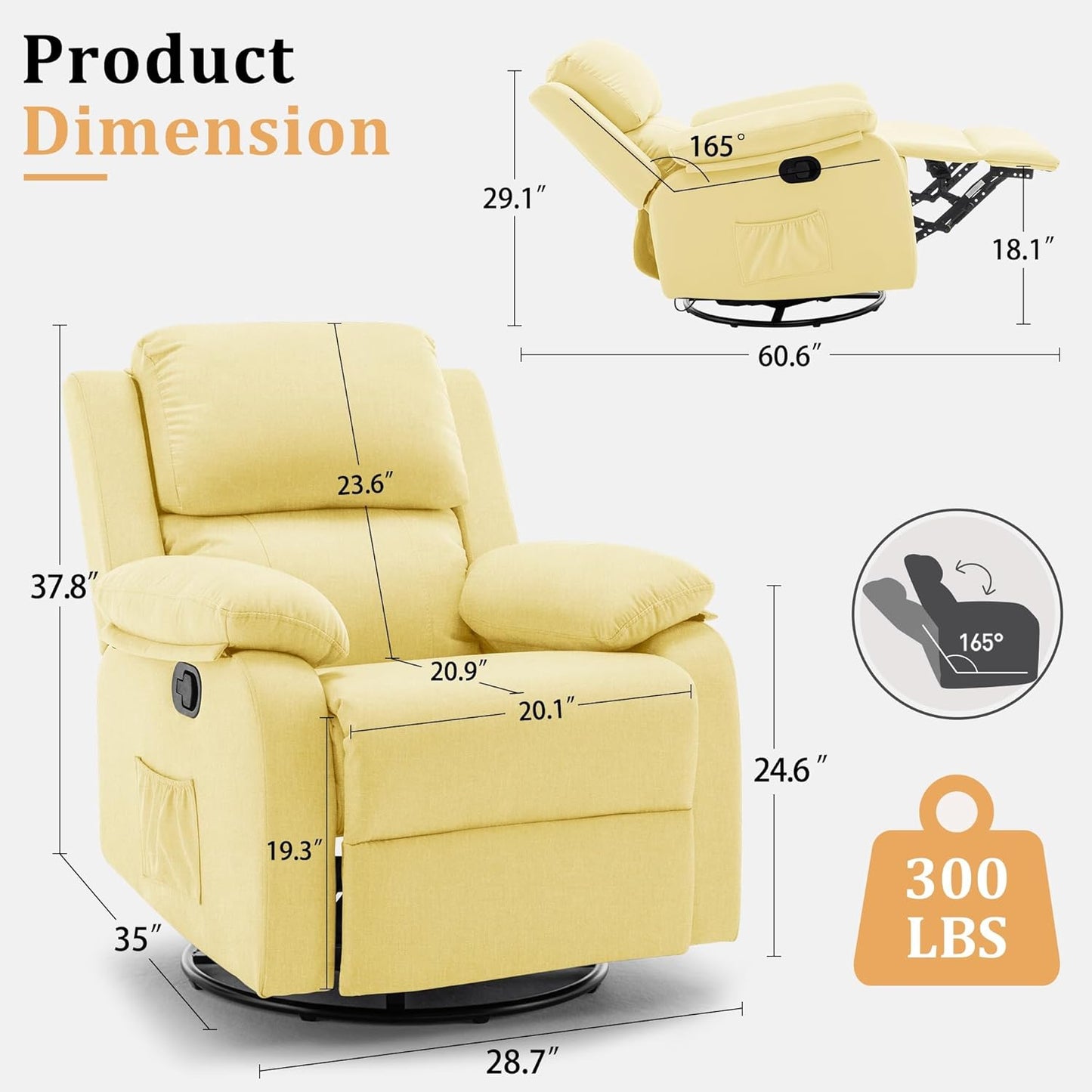 Korser Recliner Chair, 360 Swivel Rocker Chair for Adults, Small Rocking Recliner for Small Spaces, Upholstered Fabric Glider Recliner Nursery