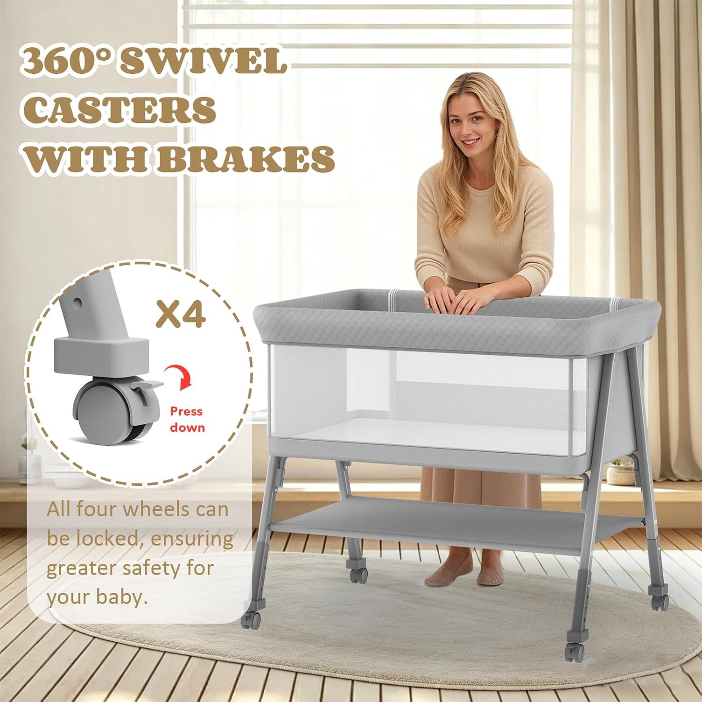 Baby Bassinet, 3-in-1 Baby Bassinets Bedside Sleeper for Newborn with Breathable Mesh, Portable Baby Crib with 4- Adjustable Height, Mattress, Storage Basket & Lockable Wheels, CPSC Beige