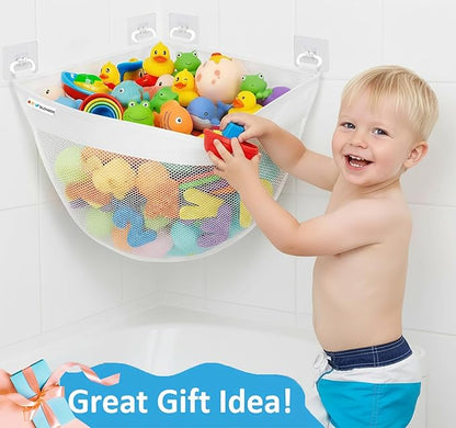 Bath Toy Storage Organizer for Bathtub – Large Mesh Bath Toy Holder & Bath Toy Net, Corner Bathtub Toy Storage Bag with 6 Strong Adhesive Hooks, Quick-Dry Bathroom Toy Holder for Tub & Kids Shower
