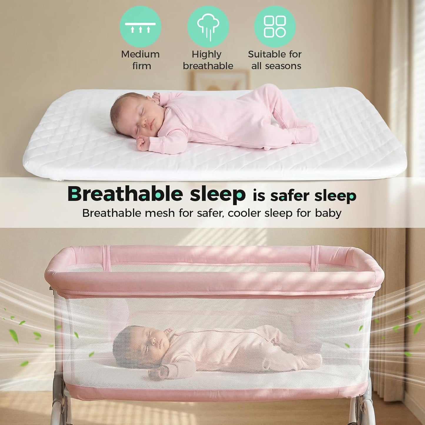Cowiewie Bassinet Bedside Sleeper, Breathable Baby Bedside Bassinet and Mattress, Lightweight and Portable for Bedside Sleeping, Light Grey