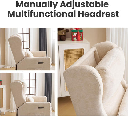 Power Recliner Chair Swivel Glider with Adjustable Headrest，Oversized Swivel Rocker Recliner with Lumbar Support, Upholstered Nursery Glider Recliner for Living Room,White