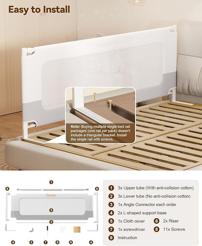 Baby Bed Rail Guard for Toddlers, Reinforced 78.7in Toddler Bed Rails for Queen, King Bed with Height Adjustable, Extral Tall Child Safety Side Railing Guards/Bedrail for Kids,White/Grey, 1 Side