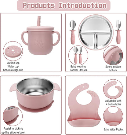 MISSLILI Stainless Steel Kids Plates and Bowls Set with Suction, Divided Baby Plate and Toddler Bowl with Removable Silicone Suction,Stainless Steel Weaning Bundle, Silicone Baby Feeding Set (Pink)