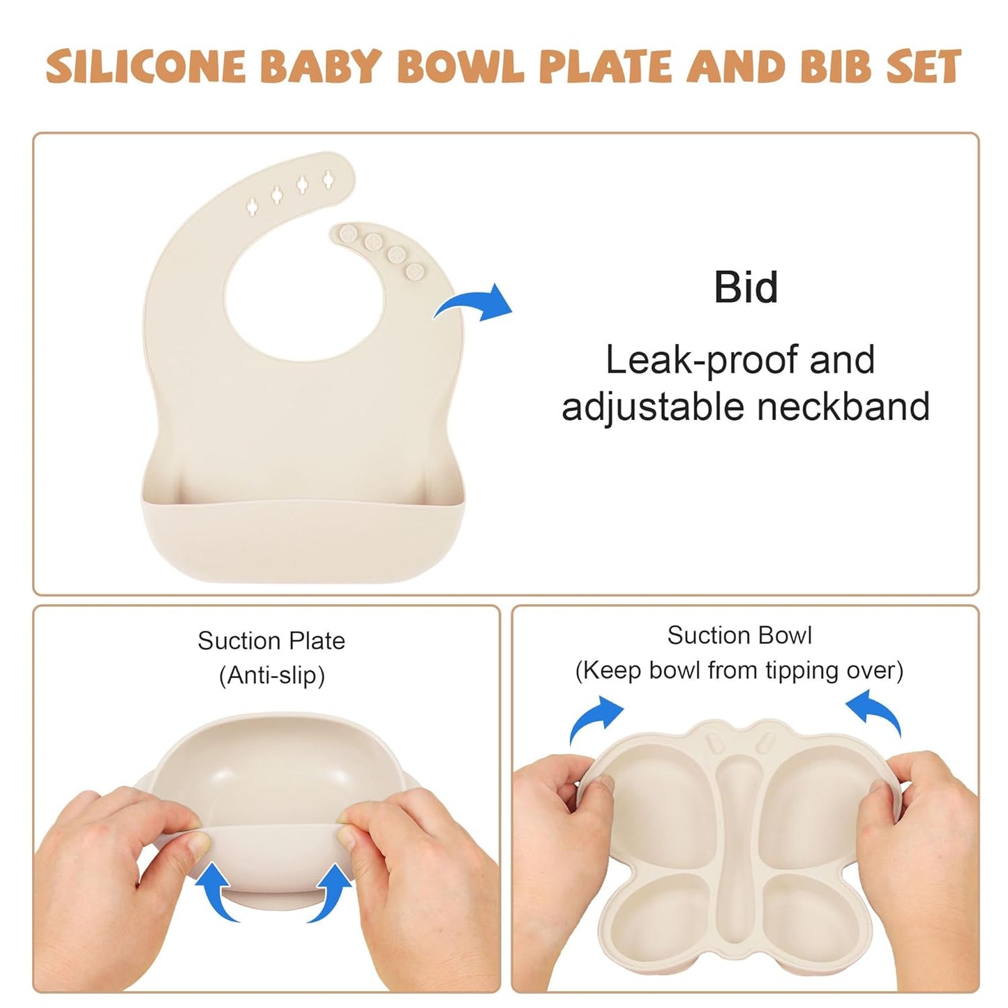 Silicone Baby Feeding Set, Baby Led Weaning Supplies, Baby Food Tableware Silicone Suction Plate, Bowl, Spoons, Fork, Waterproof Bib, Cup & Complementary Food Cake Mold, Baby Eating Utensils
