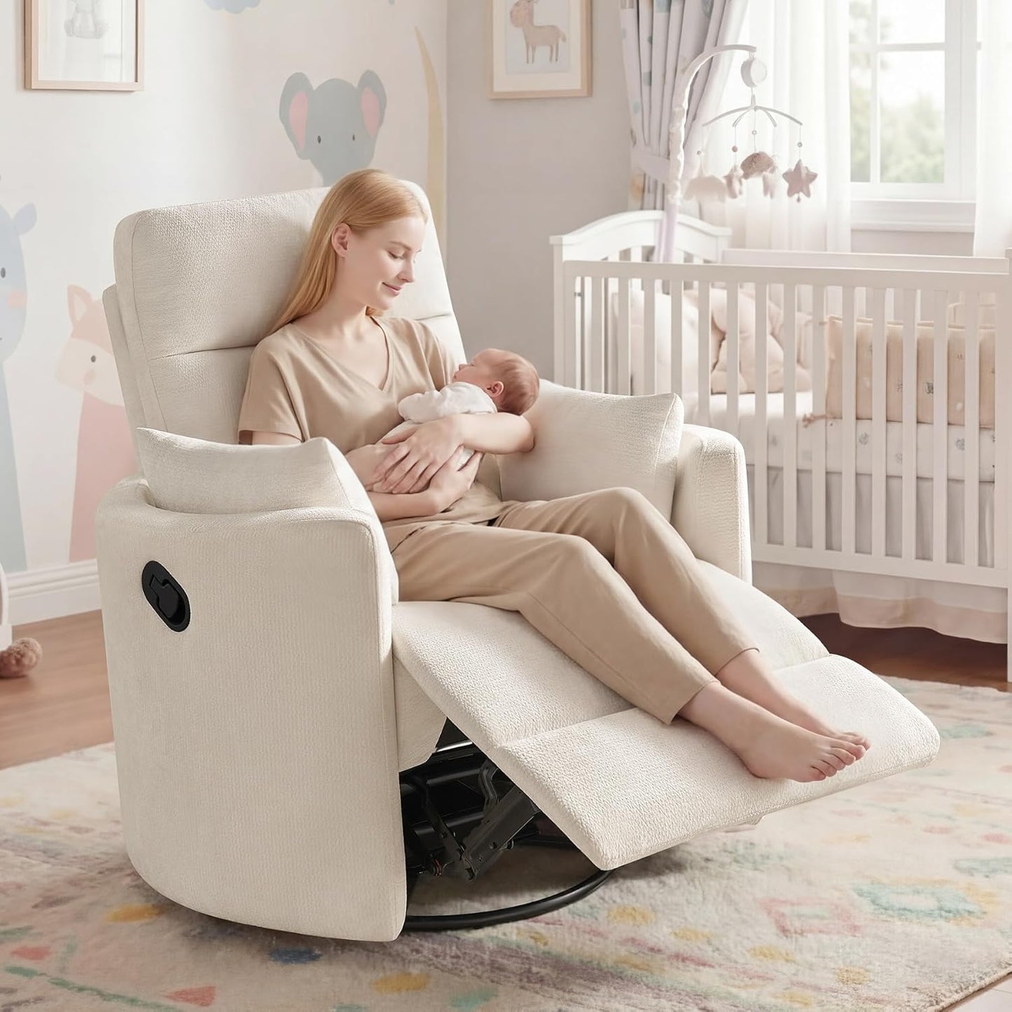 Nursery Rocking Chair, Oversized 360° Swivel Glider Recliner Chair, Upholstered Nursery Rocker with 2 Pillows and Footrest, Cozy Reclining Sofa for Living Room, Bedroom, Nursing, Olive
