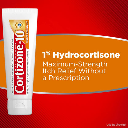 Cortizone-10 Maximum Strength Water Resistant Itch Relief Ointment, 1% Hydrocortisone, Fast-Acting, Anti-Itch Cream for Bug Bites, Rash, Eczema, Psoriasis, Poison Ivy, Oak, Sumac & More, 2 oz