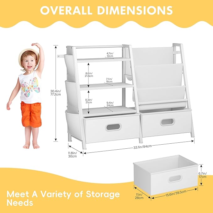Homeiju Kids Bookshelf and Toy Storage Organizer, 3 Tier Kids Bookcase, Sling Bookshelf and 2 Toy Bins with Toy Storage Organizer for Children Room, Playroom, Nursery, White