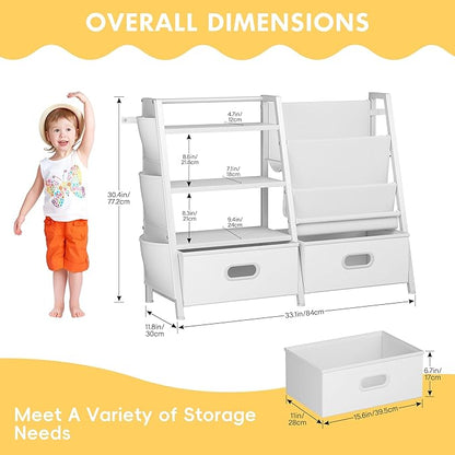 Homeiju Kids Bookshelf and Toy Storage Organizer, 3 Tier Kids Bookcase, Sling Bookshelf and 2 Toy Bins with Toy Storage Organizer for Children Room, Playroom, Nursery, White