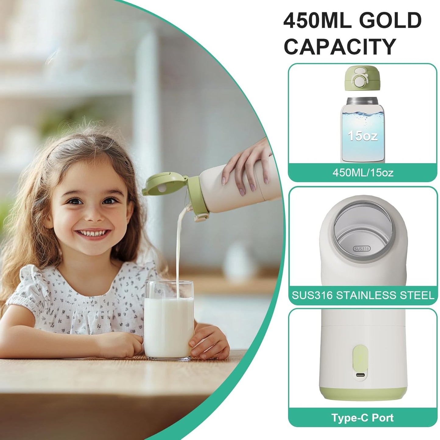 Portable Bottle Warmer for Travel,12.5oz Cordless Baby Milk Warmer on The go for Formula,Breastmilk,Water,3 Mins Fast Heating & Precise Temp Control Travel Essential
