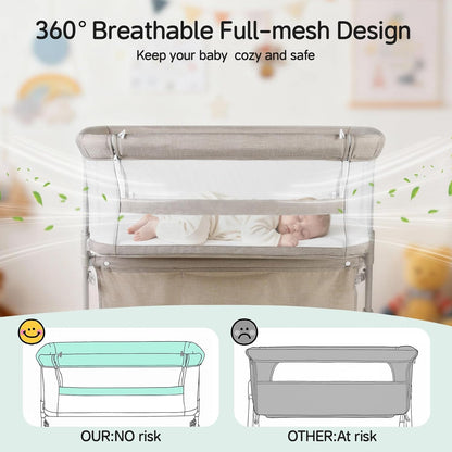 Cowiewie Bassinet Bedside Sleeper,Baby Bassinet Slides Over Bed,5-Position Height Adjustment & Breathable All-Mesh Wall Bedside Bassinet for Baby,Space-Saving Bedside Crib, Height(37.4-41.3") (Beige)