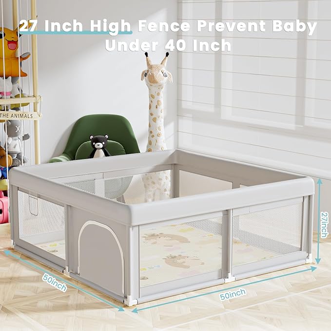 Hiaksedt 50 x 50 inch Baby Playpen with Mat Small Playpen for Babies and Toddlers Baby Fence Playards