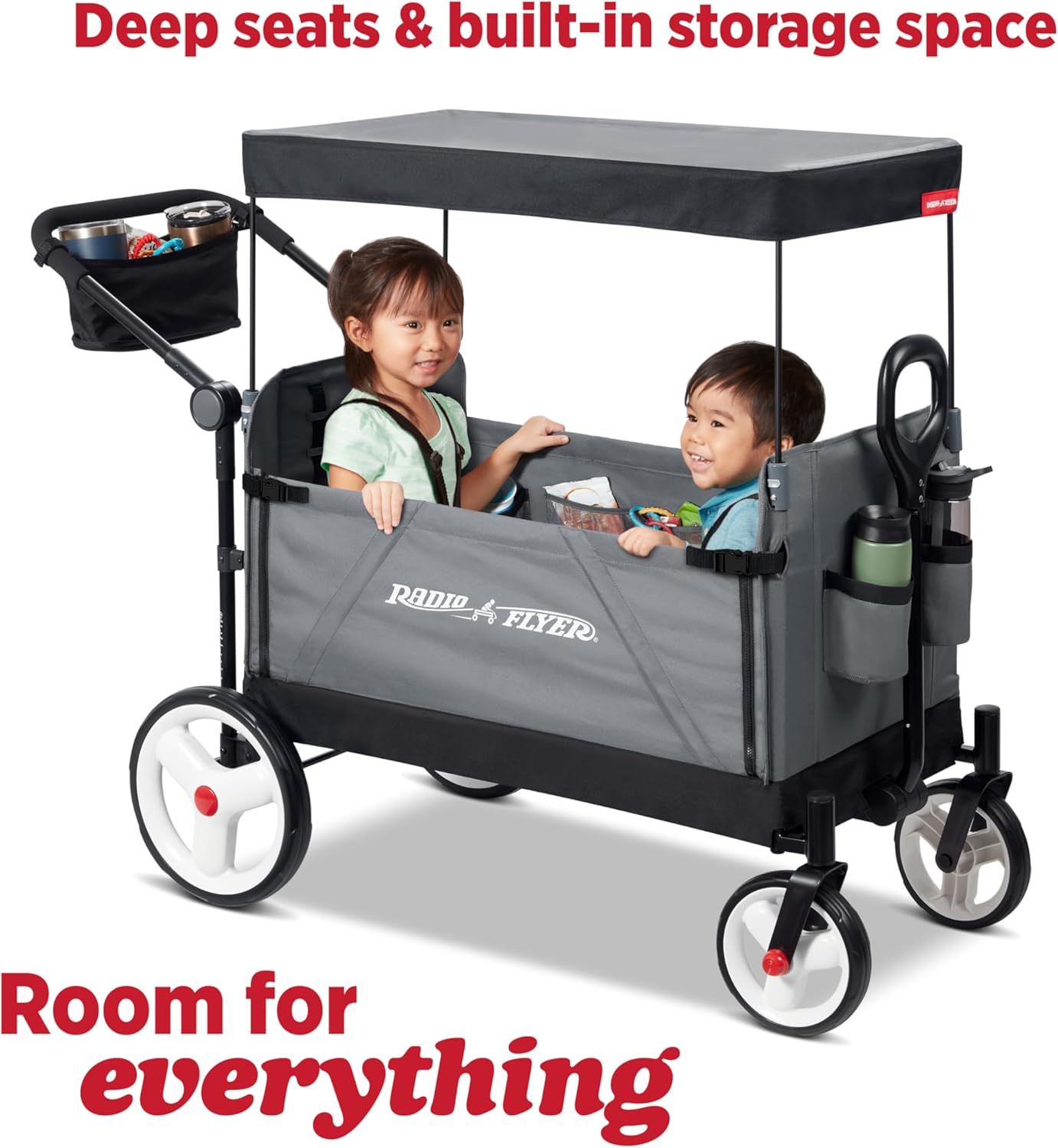 Radio Flyer City Luxe Stroll 'N Wagon, for Ages 1+, 3-in-1 Push or Pull, with Bench Mode, Easy Fold, UV Canopy, 5-Point Harnesses, Front Caster Wheels & 12" Rear Wheels, Stroller Wagon for Kids