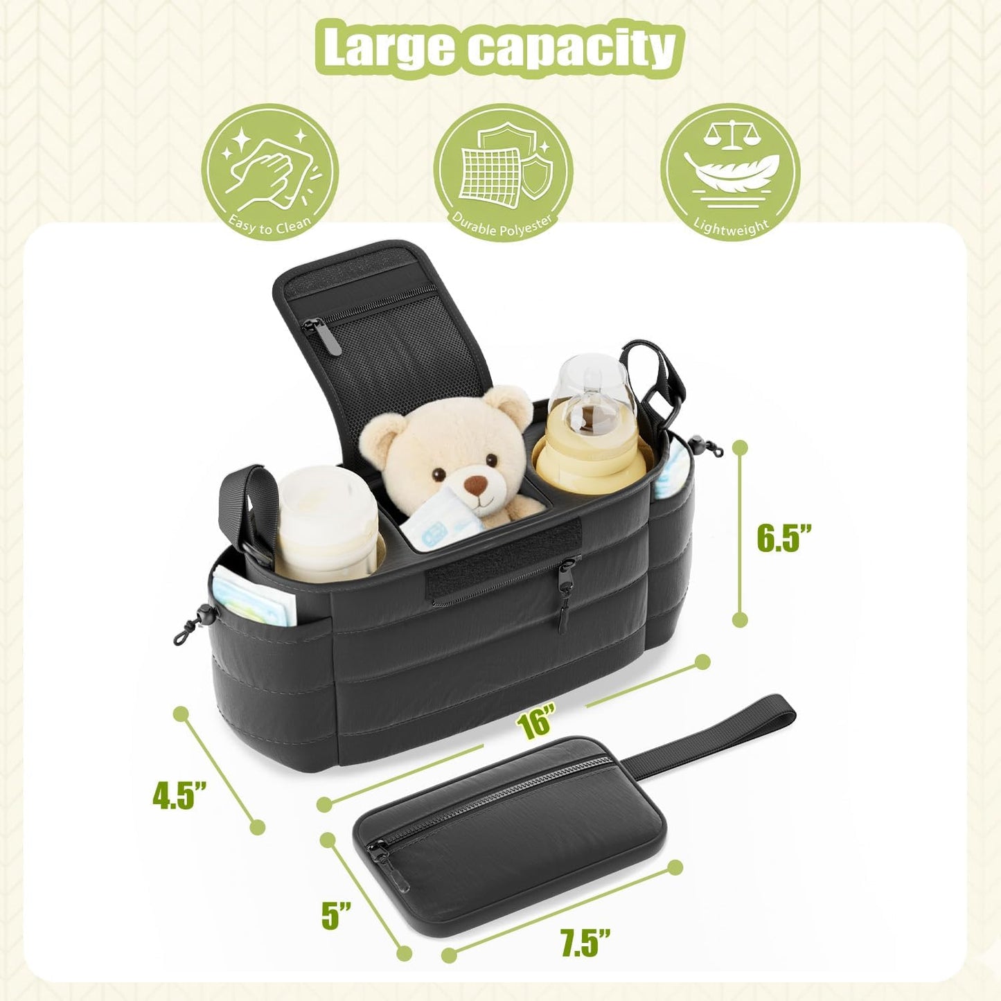 Stroller Organizer Caddy with Insulated Cup Holder & Detachable Phone Purse, Lightweight Universal Stroller Caddy for Busy Moms - Black