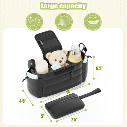 Stroller Organizer Caddy with Insulated Cup Holder & Detachable Phone Purse, Lightweight Universal Stroller Caddy for Busy Moms - Black
