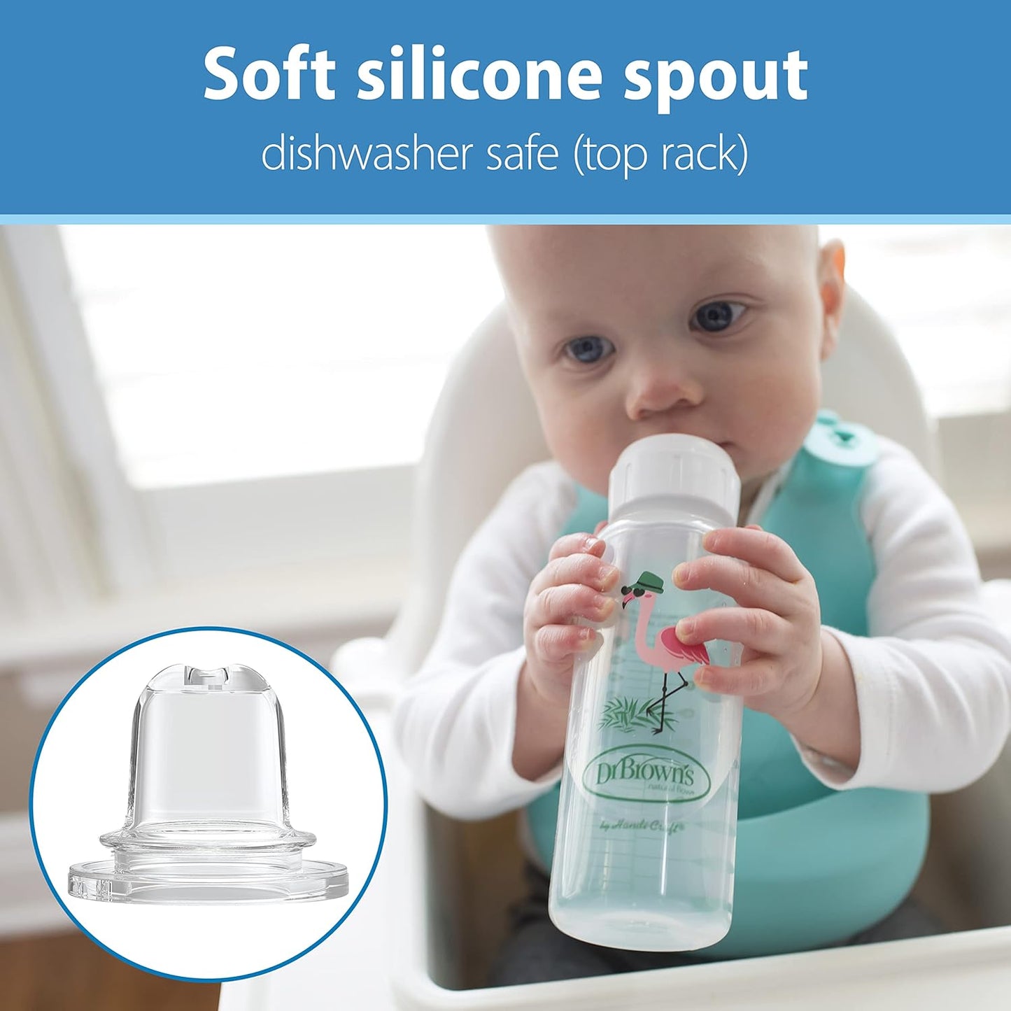 Dr. Brown's Milestones Narrow Sippy Bottle, 100% Silicone Soft Sippy Spout, 8oz/250mL, Flamingo & Bunny, 6m+