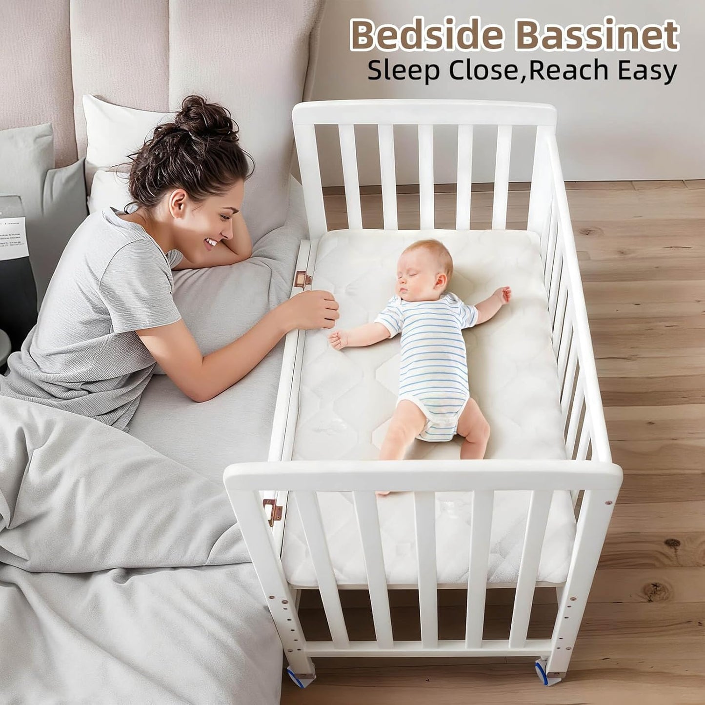 Flwrgirl Baby Bassinets Bedside Sleeper - Portable Pine Wood Bedside Bassinet with Mattress,3 Heights Small Mini Crib,Baby Crib for Newborns,Unpainted | Pine Wood Bassinet, Mattress Included, 3-IN-1 Convertible, Adjustable Height, Locking Wheels, Portalbe