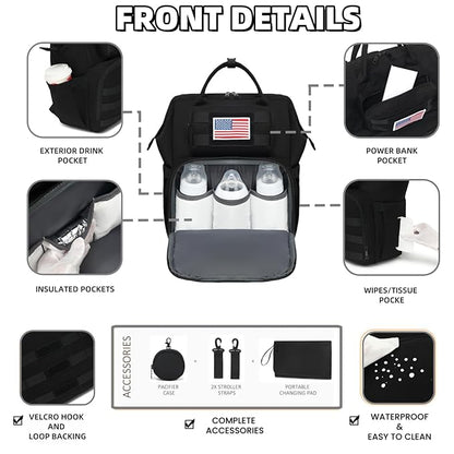 ROSEGIN Diaper Bag Backpack for Dad and Men, Large Travel Baby Bag with Changing Pad, Pacifier Case, Removable Flag Patch - Baby Shower Gifts - Shadow Black