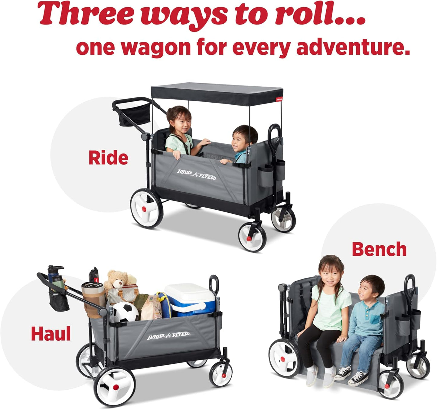 Radio Flyer City Luxe Stroll 'N Wagon, for Ages 1+, 3-in-1 Push or Pull, with Bench Mode, Easy Fold, UV Canopy, 5-Point Harnesses, Front Caster Wheels & 12" Rear Wheels, Stroller Wagon for Kids