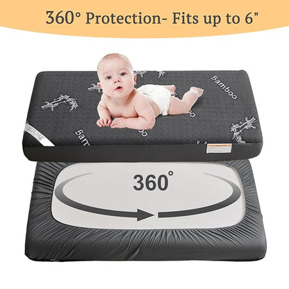 BEDLORE Waterproof Crib Mattress Protector 2 Pack, Ultra Soft Bamboo Viscose Crib Mattress Pad Cover, Noiseless Toddler Mattress Protector for Standard Baby Mattress Size 52''x28'', Dark Gray