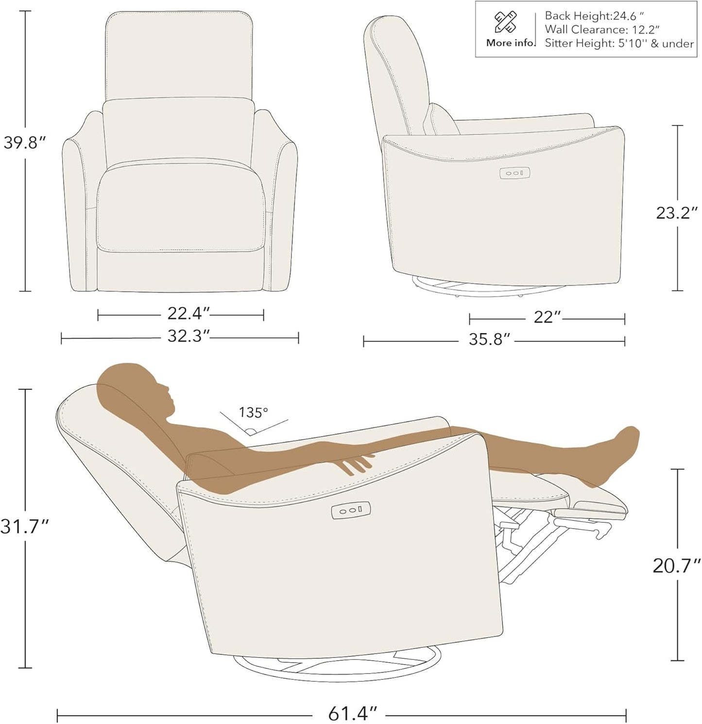 CHITA Power Recliner Chair Swivel Glider, FSC Certified Upholstered Living Room Nursery Reclining Sofa Chair with Lumbar Support, Linen