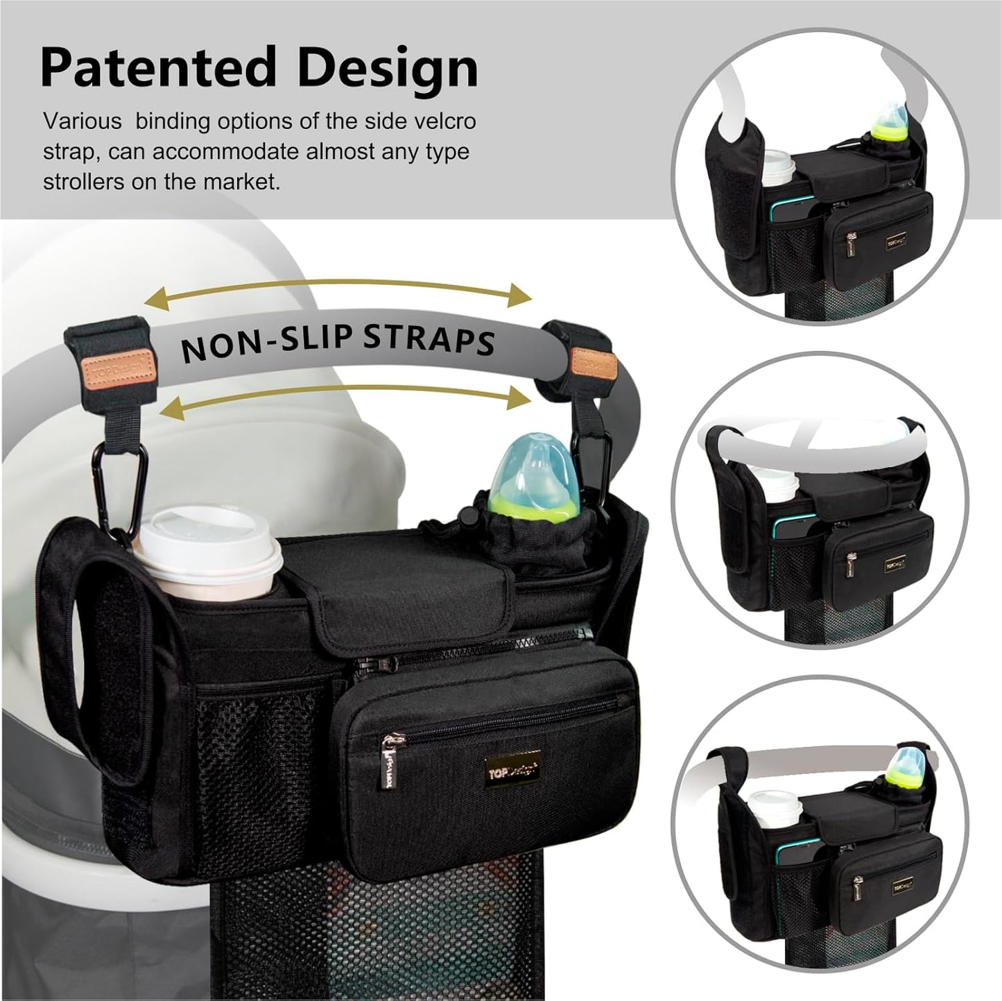 TOPDesign Universal Baby Stroller Organizer, Stroller Caddy with Detachable Mesh Bag & Heightened Insulated Cup Holders & Non-Slip Secure Hooks Accessories, Fits Most Strollers (Checkerboard) - Colors A