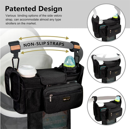 TOPDesign Universal Baby Stroller Organizer, Stroller Caddy with Detachable Mesh Bag & Heightened Insulated Cup Holders & Non-Slip Secure Hooks Accessories, Fits Most Strollers (Checkerboard) - Colors A