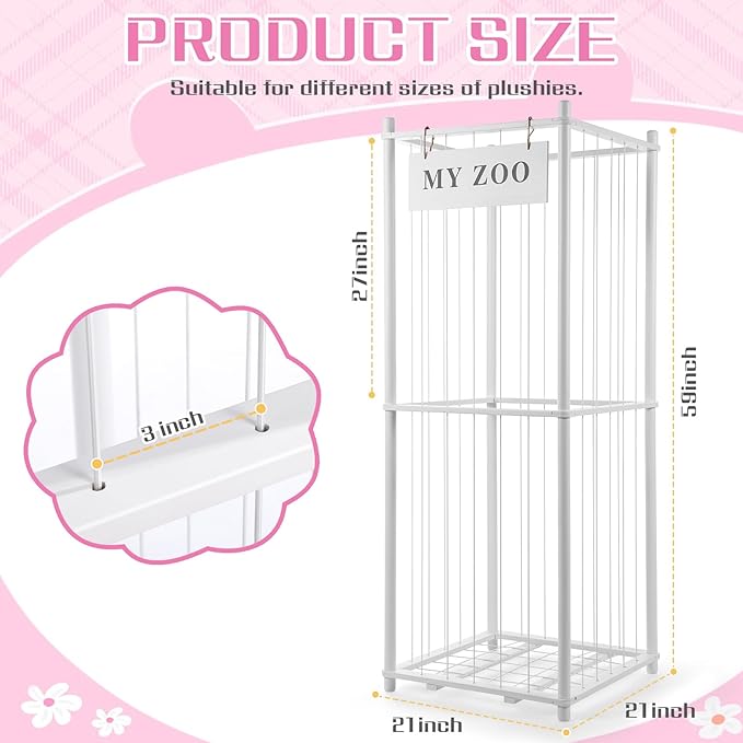 GLDZI Stuffed Animal Storage Zoo, Wooden Stuffed Animal Organizer with Elastic Cords for Boys Girls, Space Saving Toy Plushies Storage Holder for Playroom, Bedroom, Living Room (White, Large)