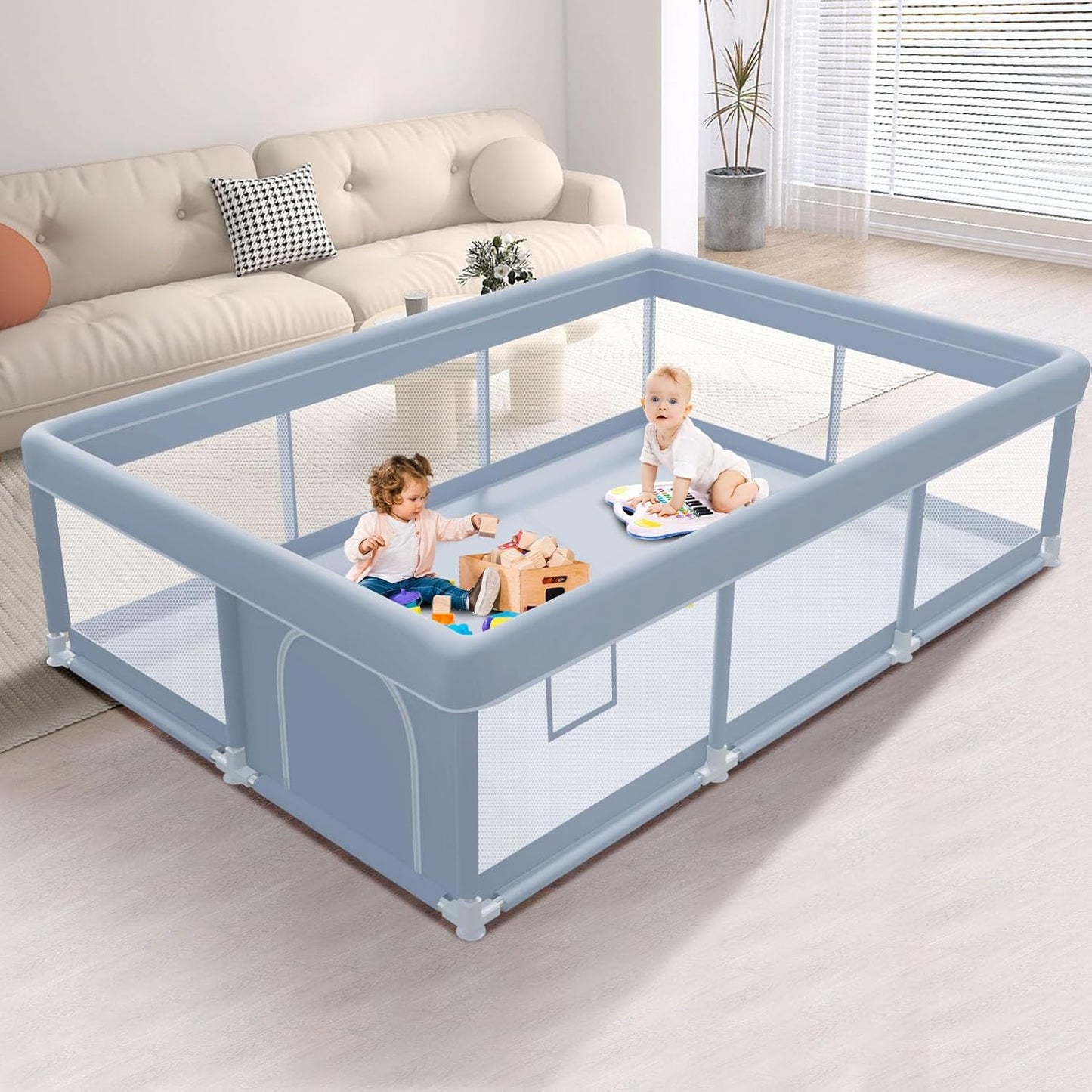 XVISHX 65 x 50 Inch Baby Playpen, Playpen for Babies and Toddlers, Baby Play Pen Playard for Indoor & Outdoor Active Center Game Fence, with Skin-Friendly Fabric and Soft Breathable Mesh, Grey