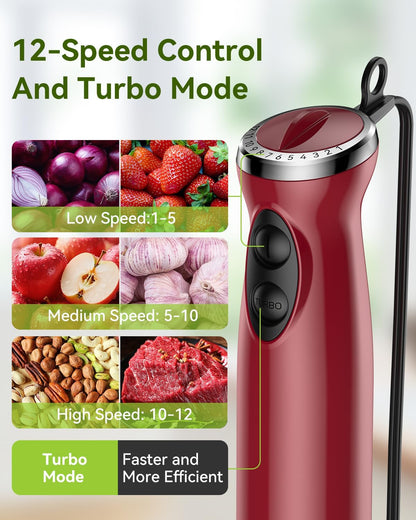 Immersion Blender Handheld 5 in 1 Hand Blender, 1000W Hand Mixer Stick, BPA-Free 12 Speed Handheld Blender 304 Stainless, Beaker, Chopper, Whisk and Milk Frother, Soup, Smoothies, Baby Food, Sauce