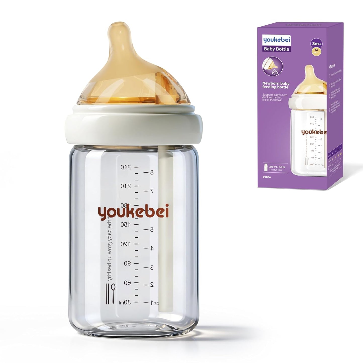 Small Glass Baby Bottle for Newborn Breastfeeding Babies, Preemie & Extra Slow Flow Nipples (SS), Anti-Colic, Breast-Like, 0 Months+, 3 oz, 2 Pack