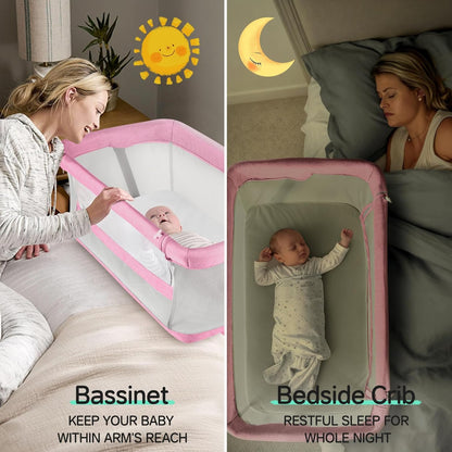 Cowiewie Bassinet Bedside Sleeper,Baby Bassinet Slides Over Bed,5-Position Height Adjustment & Breathable All-Mesh Wall Bedside Bassinet for Baby,Space-Saving Bedside Crib, Height(37.4-41.3") (Beige)