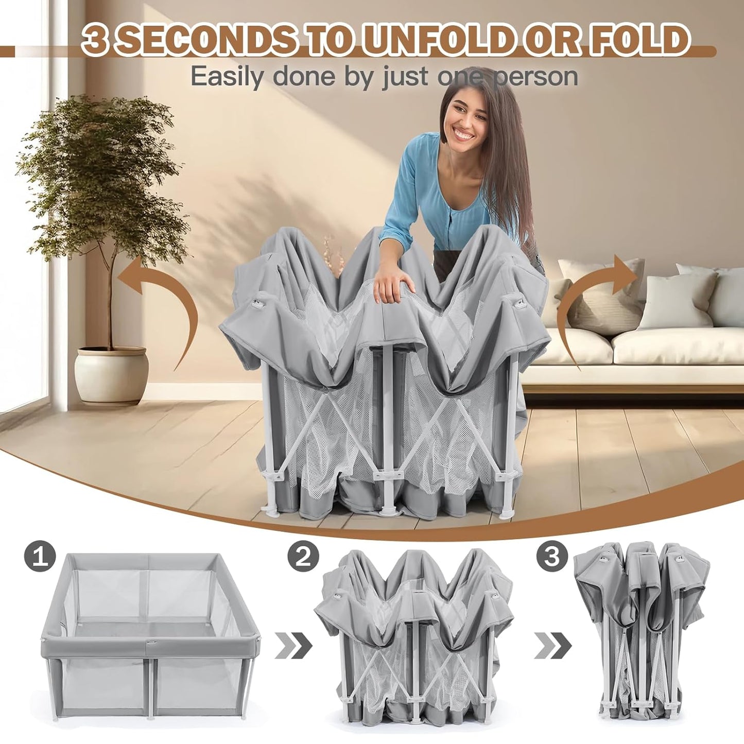 Foldable Baby Playpen 50"×50", Playard for Babies and Toddlers, Portable Safety Baby Fence Lightweight,No Installation, Indoor & Outdoor Playpen with Ocean Balls*50, Grey