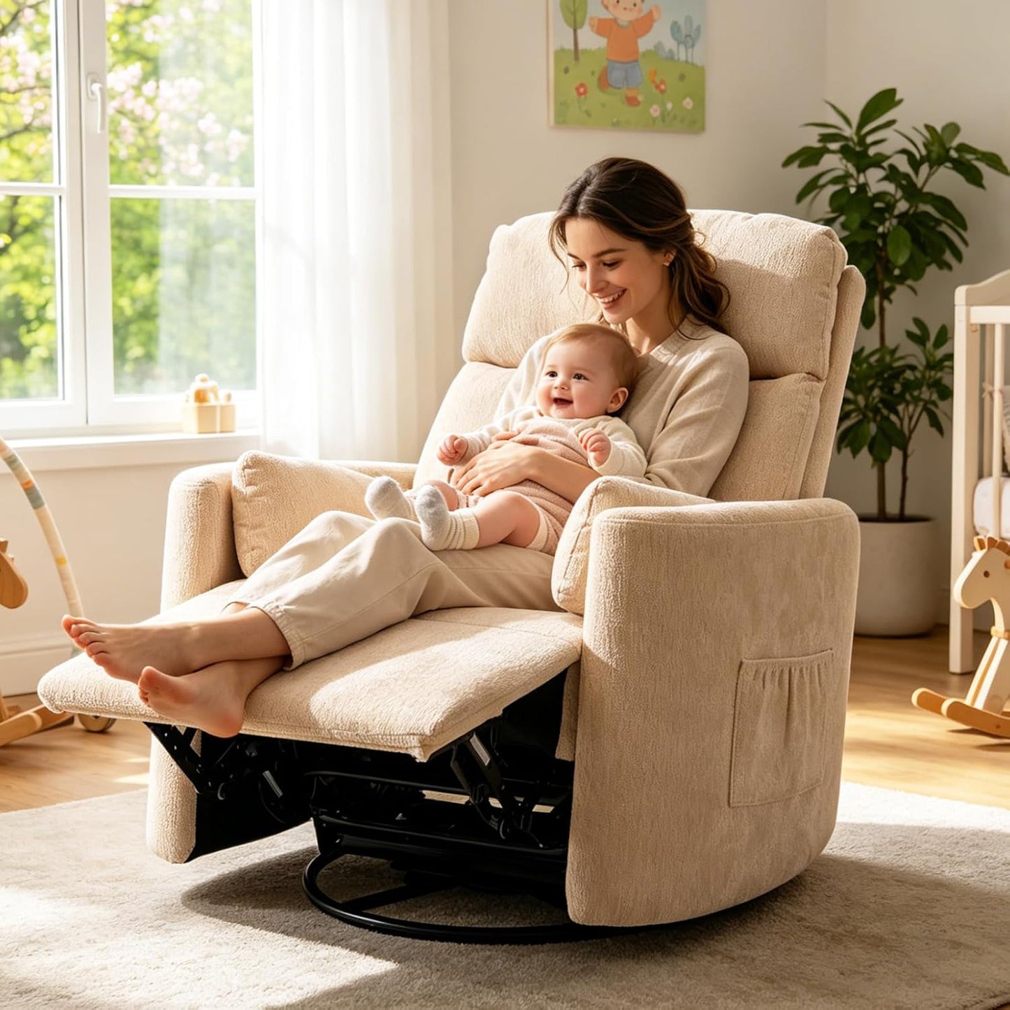 Oversized Swivel Rocker Recliner Chair with Heat and Massage, Rocking Chair with Adjustable Headrest, Manual Recliner, Glider Recliner with 2 Pillows, Chenille White