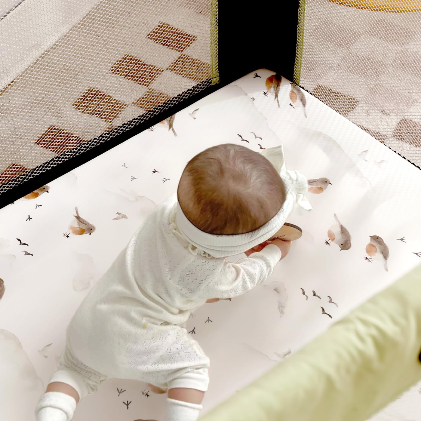 GRSSDER Stretch Ultra Soft Jersey Knit Fitted Pack n Play Playard Sheets Set 2 Pack，Fits Portable/Mini Cribs Sheets, Playards Mattress Pads, Stylish Watercolor Animals for Baby, Mint Green