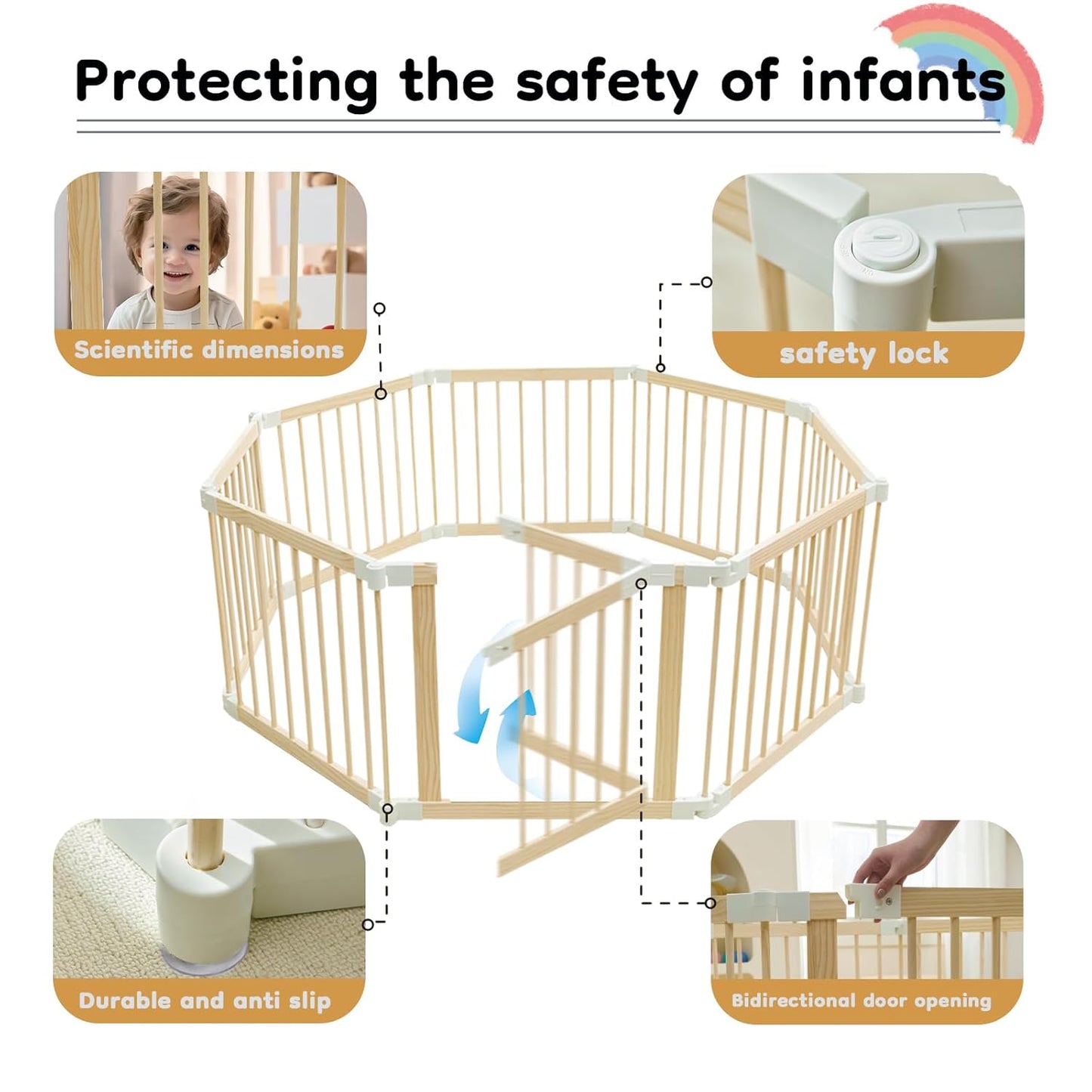 Baby Playpen, Foldable Wooden Play Yard with Gate, Playpen for Babies and Toddlers, Adjustable Baby Activity Center with Child Proof Lock, Fence Play Area for Toddlers 6 to 36 months(56*83*24inch)