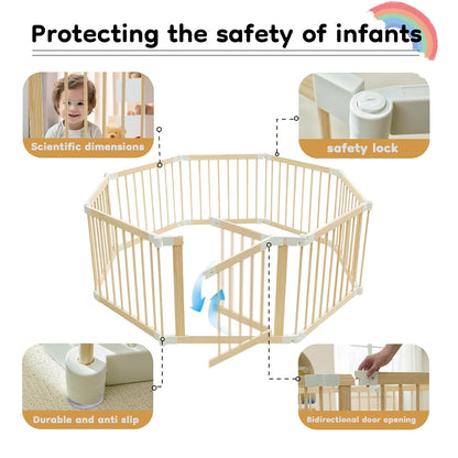 Baby Playpen, Foldable Wooden Play Yard with Gate, Playpen for Babies and Toddlers, Adjustable Baby Activity Center with Child Proof Lock, Fence Play Area for Toddlers 6 to 36 months(56*83*24inch)