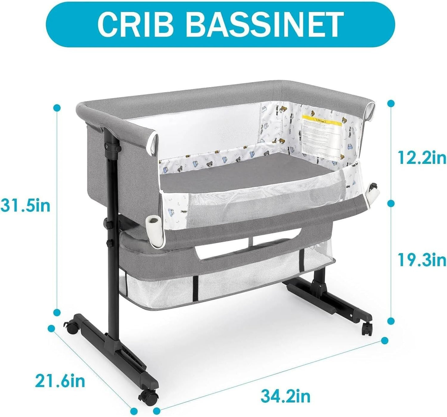 Baby Bassinets Bedside Sleeper, 3 in 1 Baby Bassinet, Adjustable Easy Folding Portable Bed, with Mosquito Nets, Large Storage Bag, Comfortable Mattresses, for Infant/Baby/Newborn (Gray)