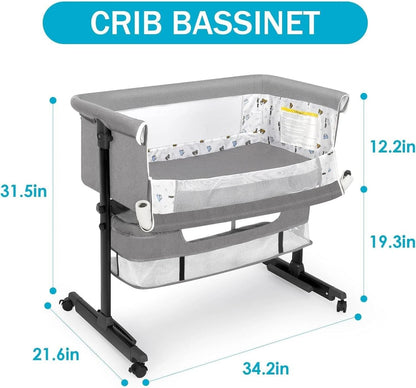 Baby Bassinets Bedside Sleeper, 3 in 1 Baby Bassinet, Adjustable Easy Folding Portable Bed, with Mosquito Nets, Large Storage Bag, Comfortable Mattresses, for Infant/Baby/Newborn (Gray)