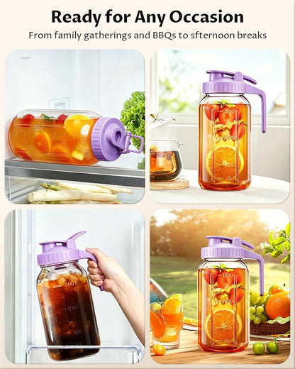 64oz Glass Breast Milk Pitcher with Lid & Pour Spout, 2 Quart Airtight Leakproof BreastMilk Fridge Storage Container - Wide Mouth, Dishwasher Safe Formula Pitcher with Handle