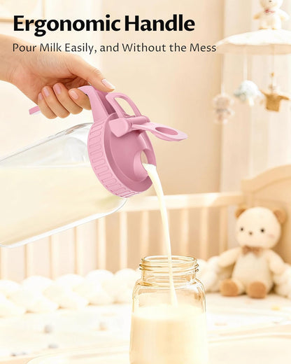 64oz Glass Breast Milk Pitcher with Lid & Pour Spout, 2 Quart Airtight Leakproof BreastMilk Fridge Storage Container - Wide Mouth, Dishwasher Safe Formula Pitcher with Handle