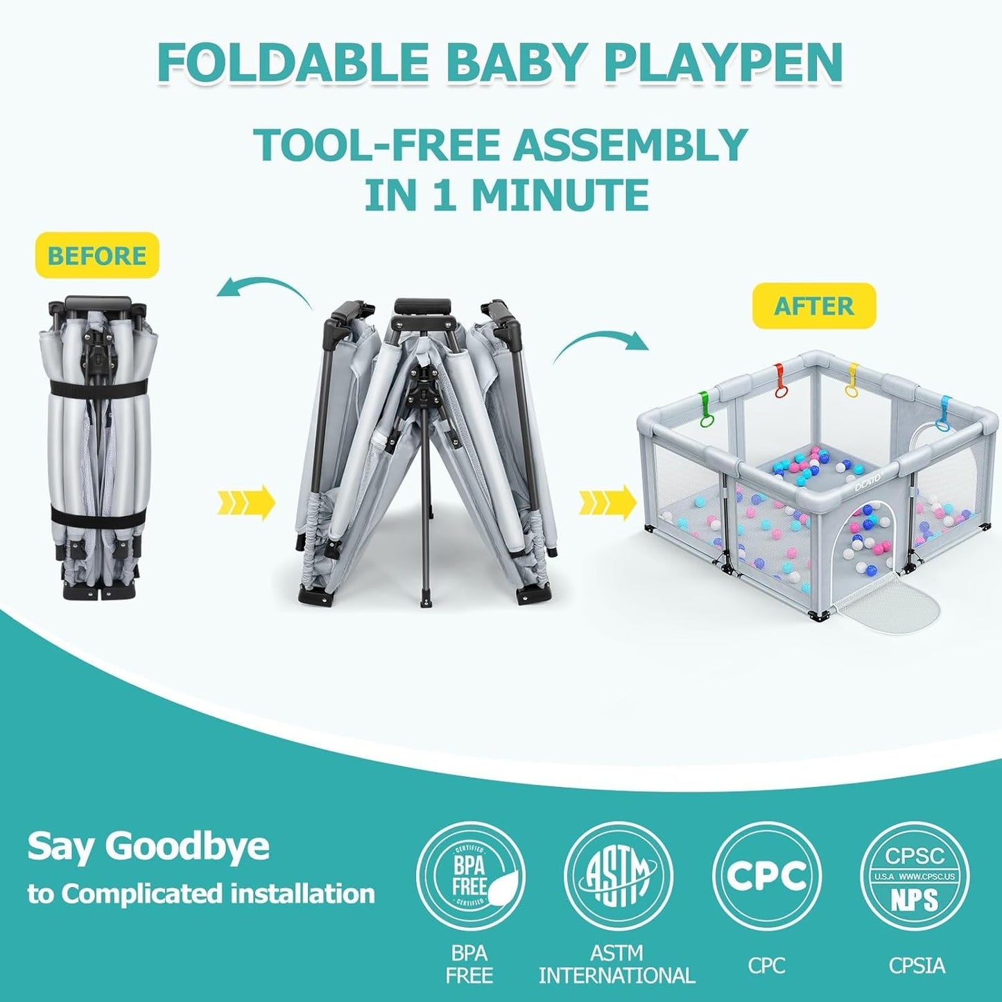 OCATO Baby Playpen Play Pen: Foldable Playpen for Babies and Toddlers Playard for Indoor Outdoor Activity Center Game Fence Safety Area Toddler Play Pen for Babies 6-12 Months Baby Gifts (50" × 50")