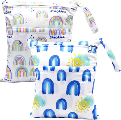 Wet Dry Bags 2-Pack with Cute Dolphin Print - Waterproof Travel Organizer for Swimming Pool Beach Gym Baby Cloth Diapers Swimwear with Dual Zippers