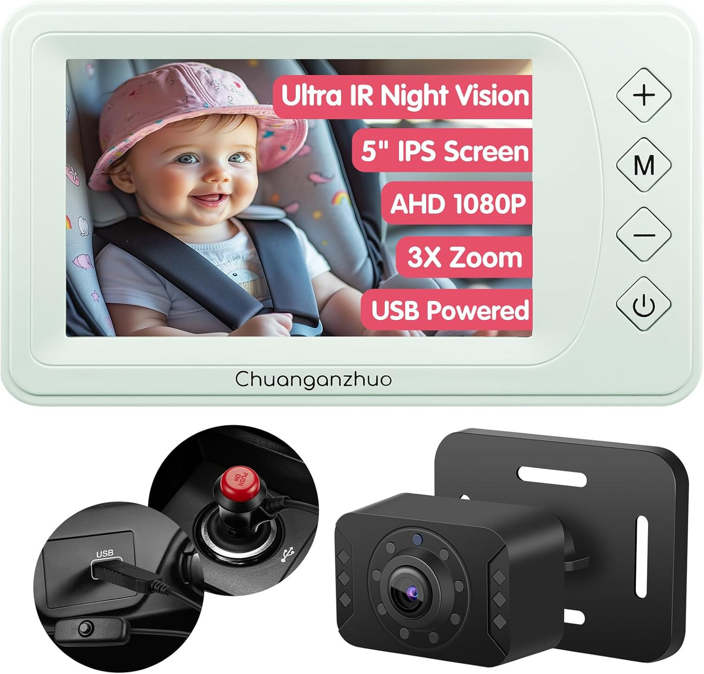 Baby Car Camera USB with No.1 Clarity, 5'' HD 1080P IPS Baby Car Monitor with 3X Zoom, Backseat/Carseat/Rear Seat Camera with Ultra Night Vision, Easy No-Damage Install, S100P(5inch Black)