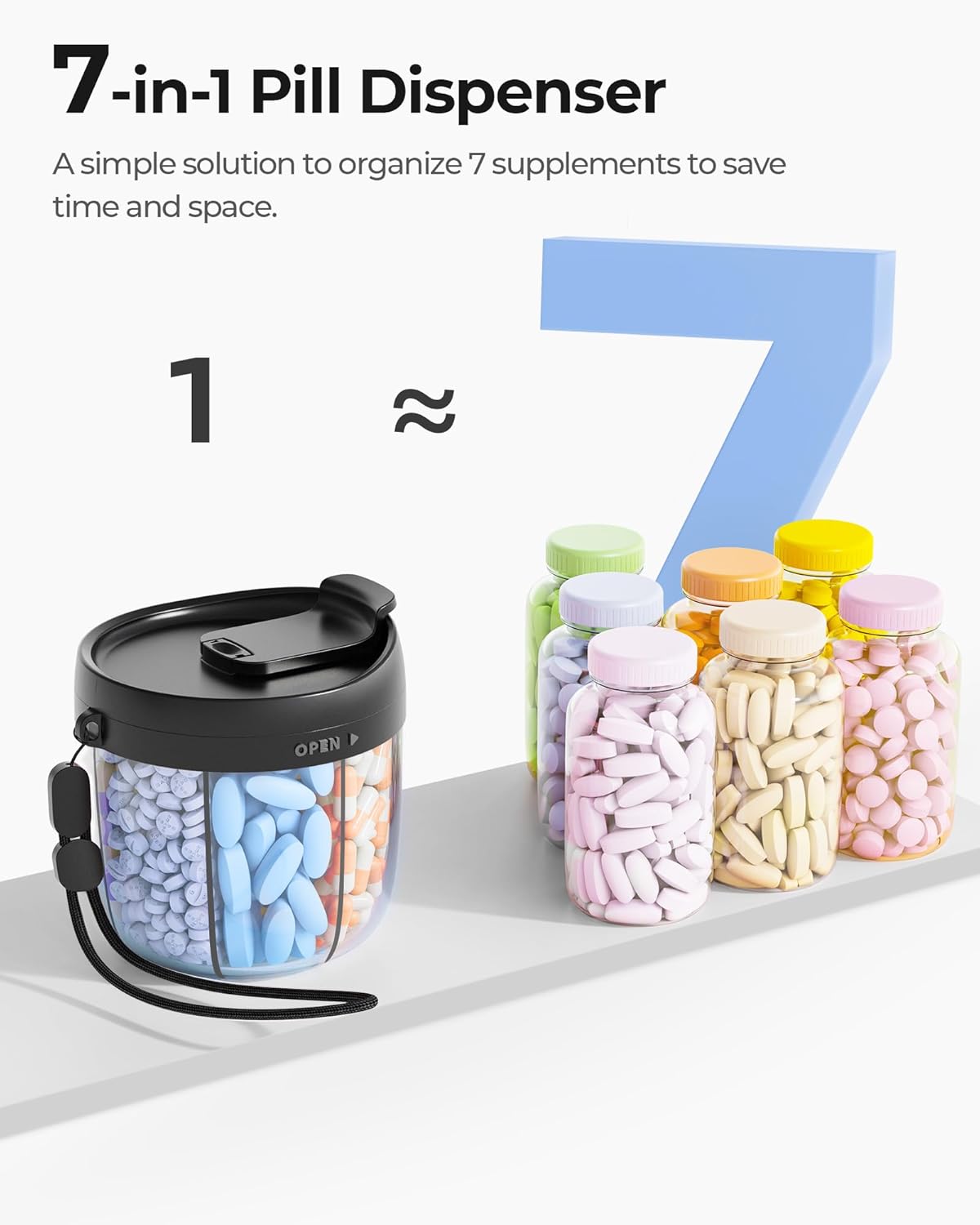 AMOOS Cute Pill Dispenser with 7 Compartments, Pill Bottle Organizer with Anti-Mix Design, Portable Pill Organizer for Travel with Wide Mouth for Easy Access, BPA-Free Patented Pill Container, Pink