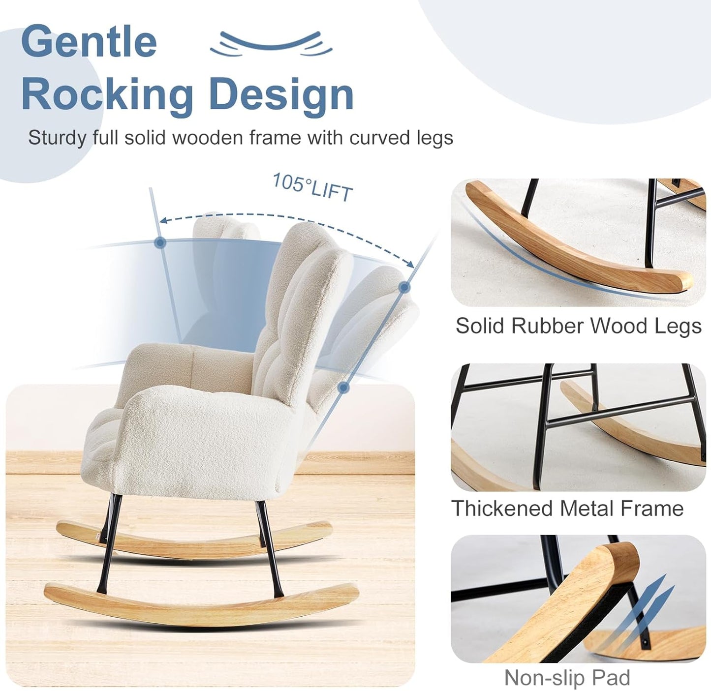 DUMOS Nursery Rocking Chair Teddy Upholstered, Comfy Glider Rocker with High Backrest Armchair Padded Seat, Accent Side Chair for Living Room Bedroom Offices Small Spaces Indoor, Beige