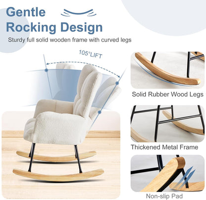DUMOS Nursery Rocking Chair Teddy Upholstered, Comfy Glider Rocker with High Backrest Armchair Padded Seat, Accent Side Chair for Living Room Bedroom Offices Small Spaces Indoor, Beige